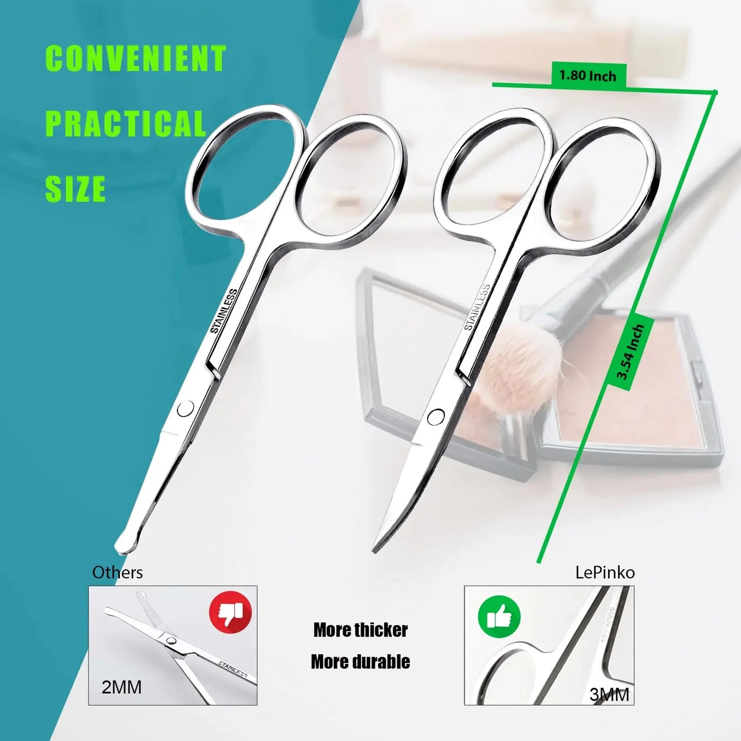 Facial Hair Small Grooming Scissors For Men Women - Eyebrow, Nose Hair, Mustache, Beard, Eyelashes, Ear Trimming Kit - Curved and Rounded Safety Tip Clippers For Hair Cutting - 2PCS Silver Anti Spier