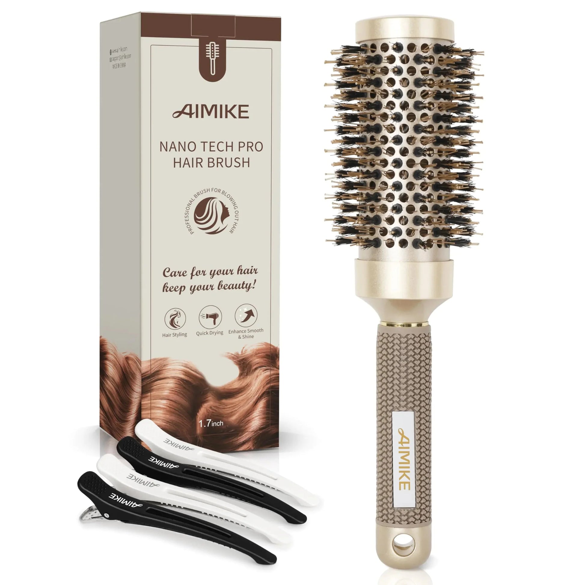 AIMIKE Round Brush, Nano Thermal Ceramic & Ionic Tech Hair Brush, Round Barrel Brush with Boar Bristles for Blow Drying, Styling, Curling, Add Volume & Shine (2.9 inch, Barrel 1.7 inch) + 4 Clips 43mm-1.7 Inch (2.9 Inch with Bristles) Anti Spier