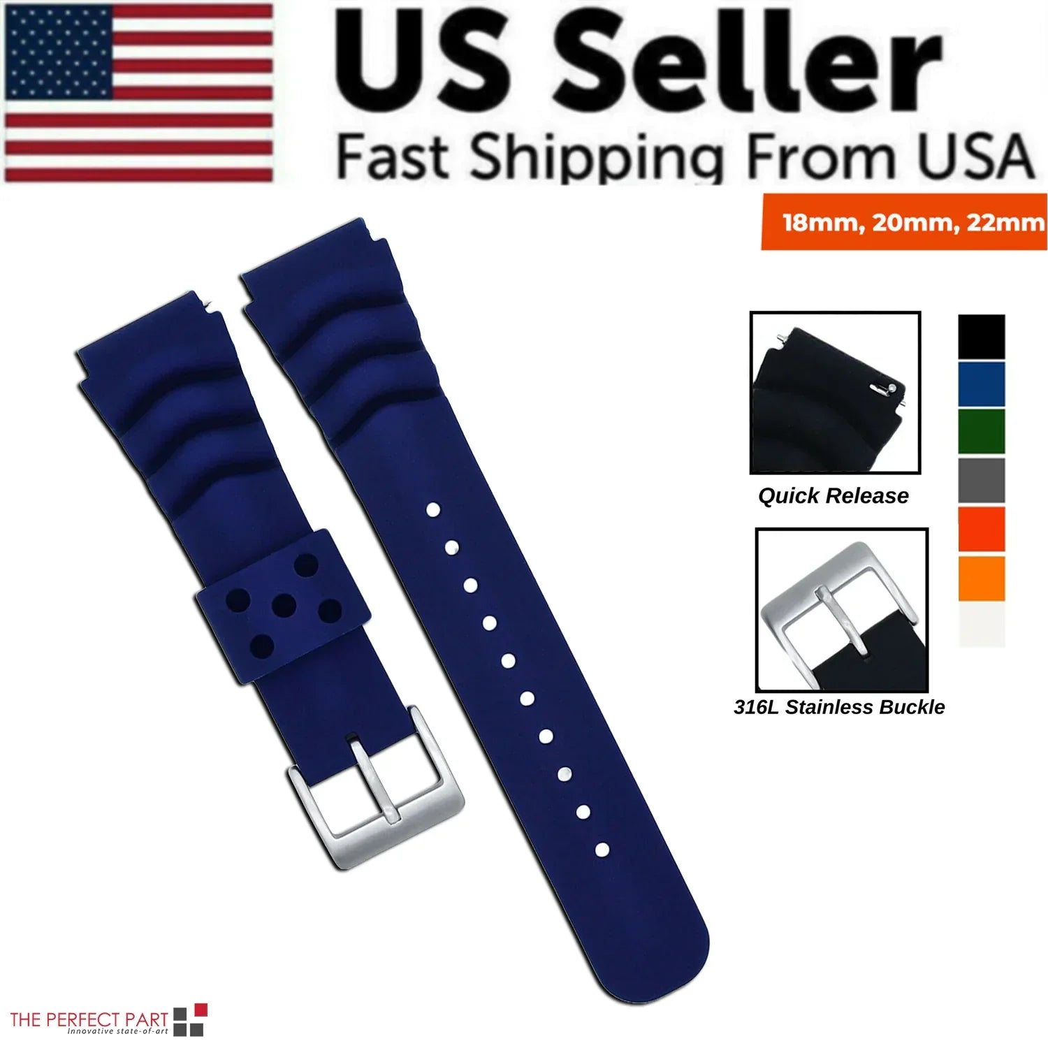 18mm 20mm 22mm Soft Silicone Watch Band Divers Replacement Strap Quick Release - Anti Spier 