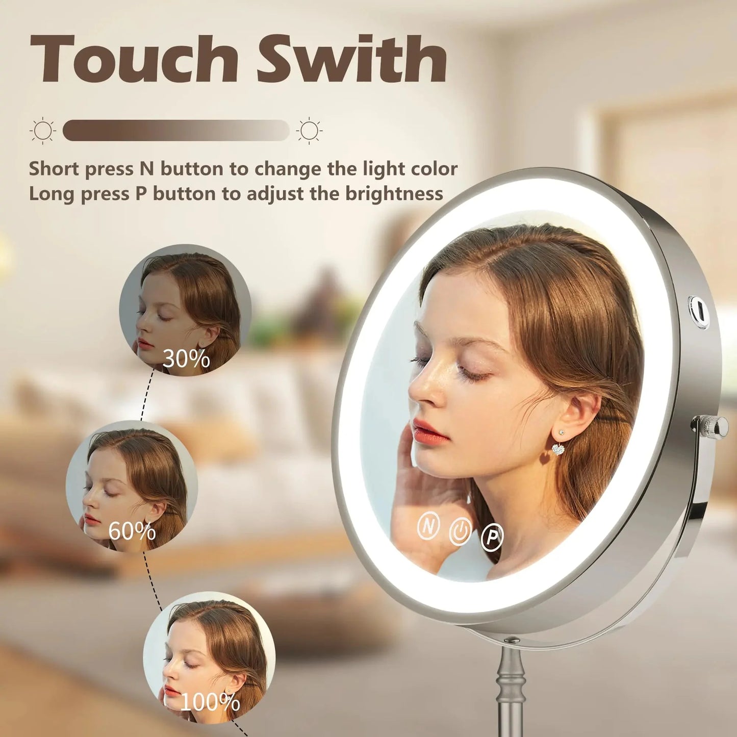 9" Large Makeup Mirror with Lights, 1X/10X Magnifying Vanity Mirror with 3 Colors Dimmable Lightning, 80 LED Lights, 360°Rotation Double Sided Standing Lighted Makeup Mirror Nickel Matte Nickel Anti Spier
