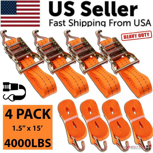 4 PK Ratchet Tie Down Straps 1.5" x 15 Feet 4,000 LB Safety J Hook Heavy Duty US Anti Spier