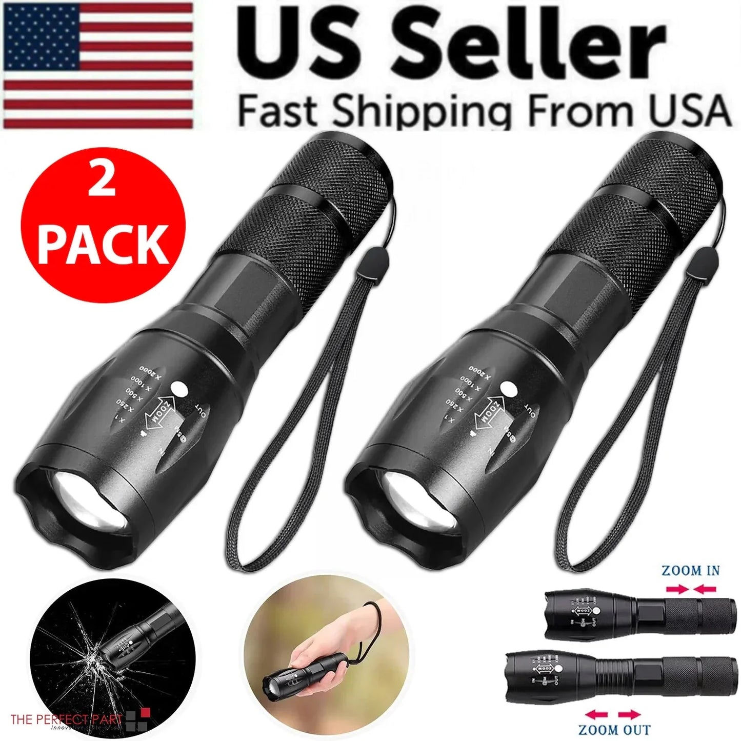 Super-Bright 90000LM LED Tactical Flashlight 5 Modes Zoomable Torch Searchlight Anti Spier