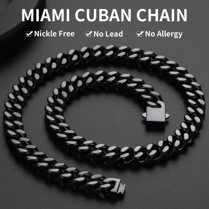 ChainsHouse Stainless Steel Mens Cuban Link Chain, Black/18K Gold Miami Cuban Chain Necklace, 5/7/9mm/12mm Width, No Tarnish& Durable Hip Hop Mens Jewelry, 18"-30", Send Gift Box 20 inches d. 12mm width-black Anti Spier