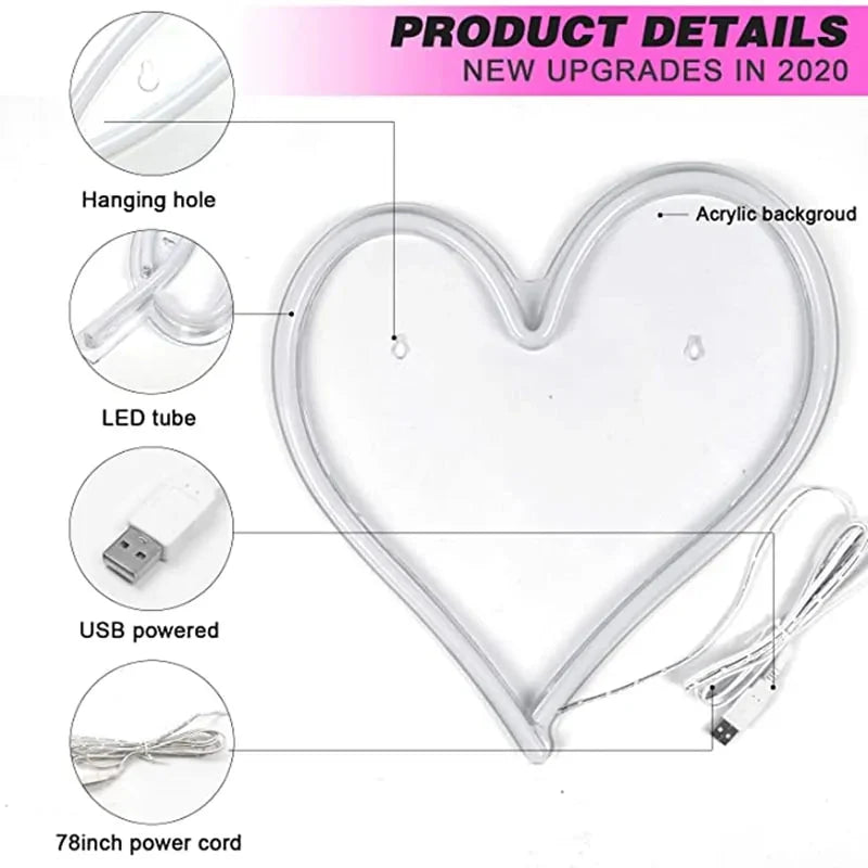 Big Heart Shape Neon Sign Wall Hanging Light - 38cm, USB Powered Anti Spier