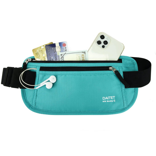 RFID Blocking Money Belt for Men Women, Slim Fanny Pack for Travel，Running,Conceal Waist Wallet for Passport Holder,Phone,Cash(Black Mint Green) Black Mint Green Rfid Blocking & Belt Wide:1.45Inch Anti Spier