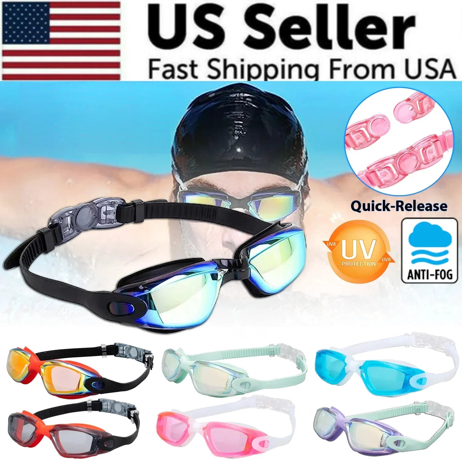 Clear Comfortable Swimming Goggles UV- Anti-Fog Swim Glasses Mirror Adult & Kids Anti Spier