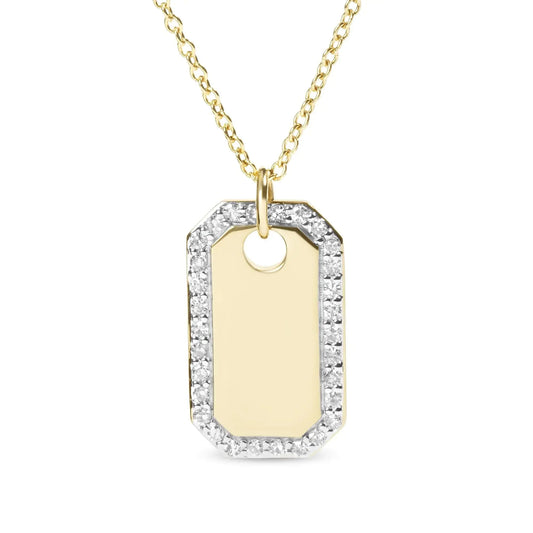 14K Yellow Gold 1/4 Cttw Diamond Halo  Octagonal Dog Tag Pendant 18" Necklace (I-J Color, I2-I3 Clarity) Anti Spier