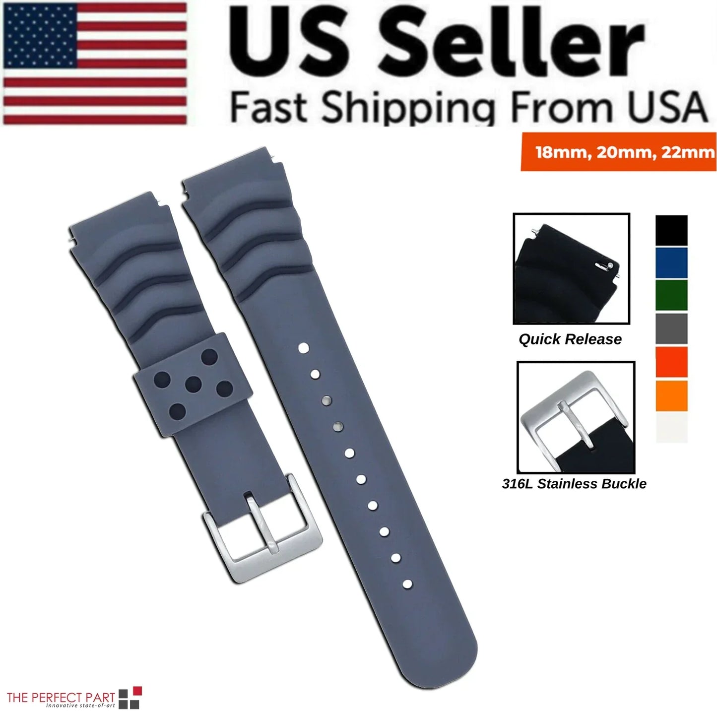 18mm 20mm 22mm Soft Silicone Watch Band Divers Replacement Strap Quick Release - Anti Spier 