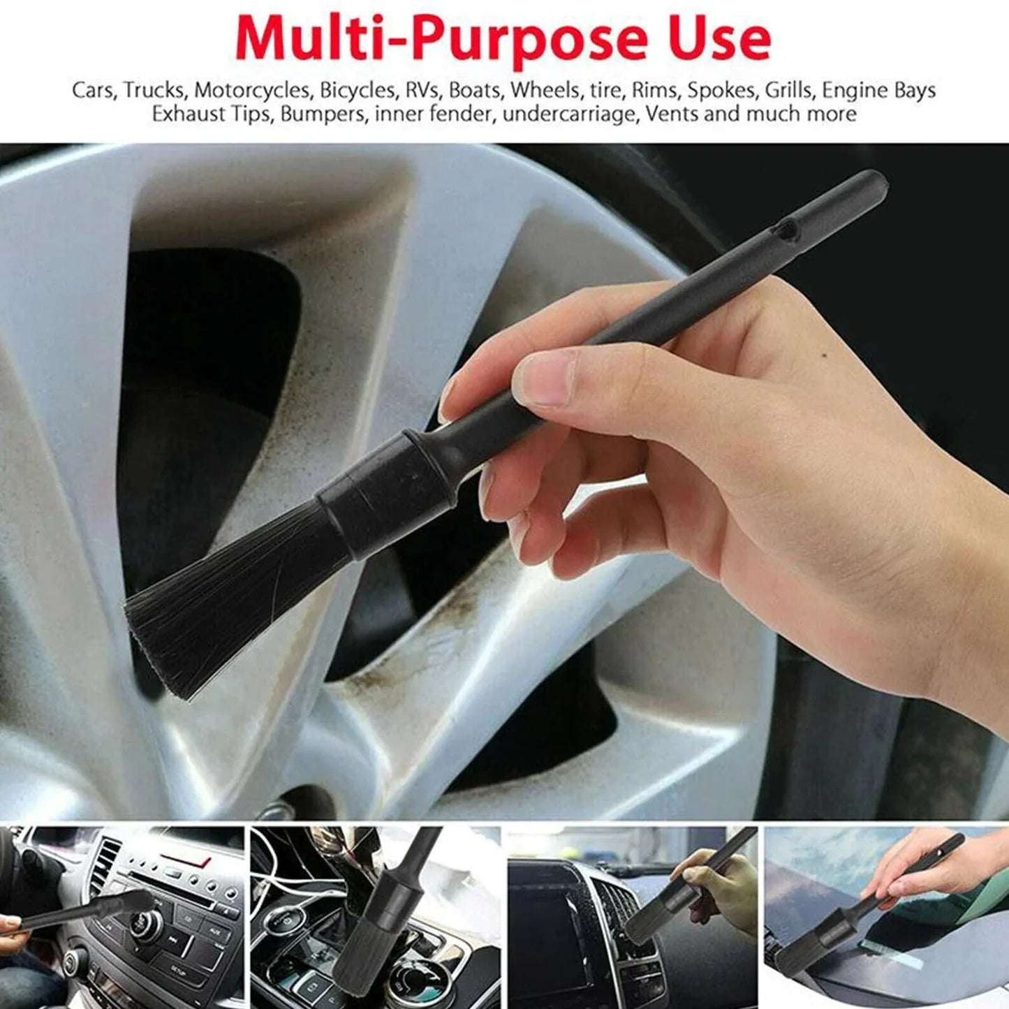 5PC Car Detailing Brush Kit Boar Hair Vehicle Auto Interior For Wheel Clean Sets Anti Spier