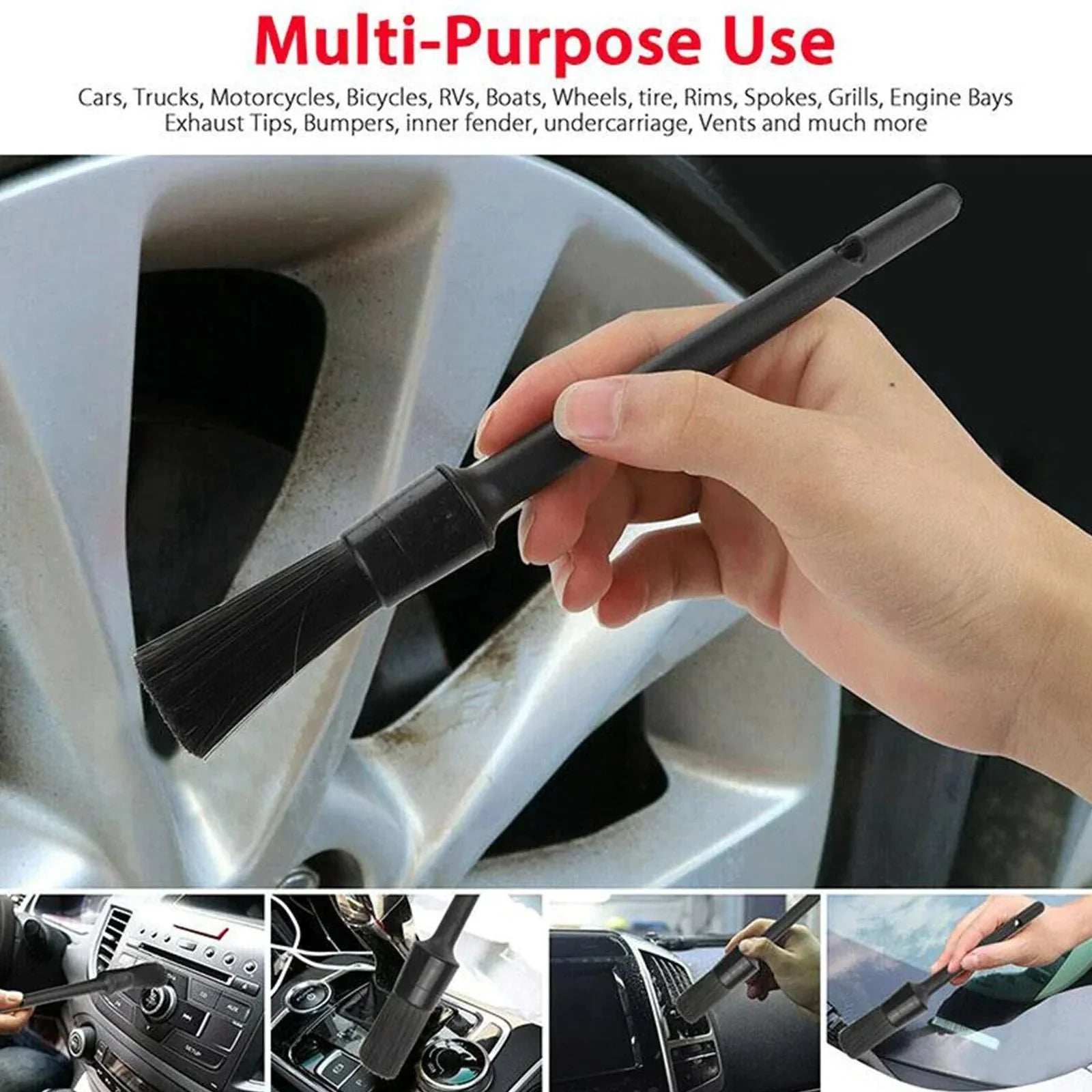 5PC Car Detailing Brush Kit Boar Hair Vehicle Auto Interior For Wheel Clean Sets Anti Spier