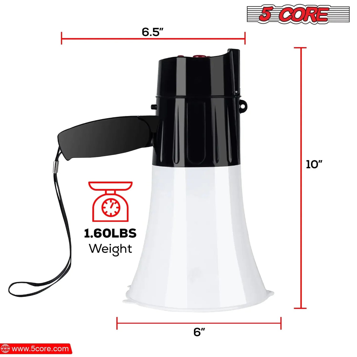 5Core Megaphone Bullhorn Speaker 30W LED Bull Horn Battery Power Cheer Megafono 800 Yard Anti Spier