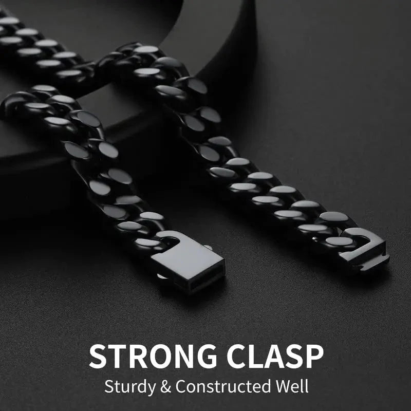 ChainsHouse Stainless Steel Mens Cuban Link Chain, Black/18K Gold Miami Cuban Chain Necklace, 5/7/9mm/12mm Width, No Tarnish& Durable Hip Hop Mens Jewelry, 18"-30", Send Gift Box 20 inches d. 12mm width-black Anti Spier