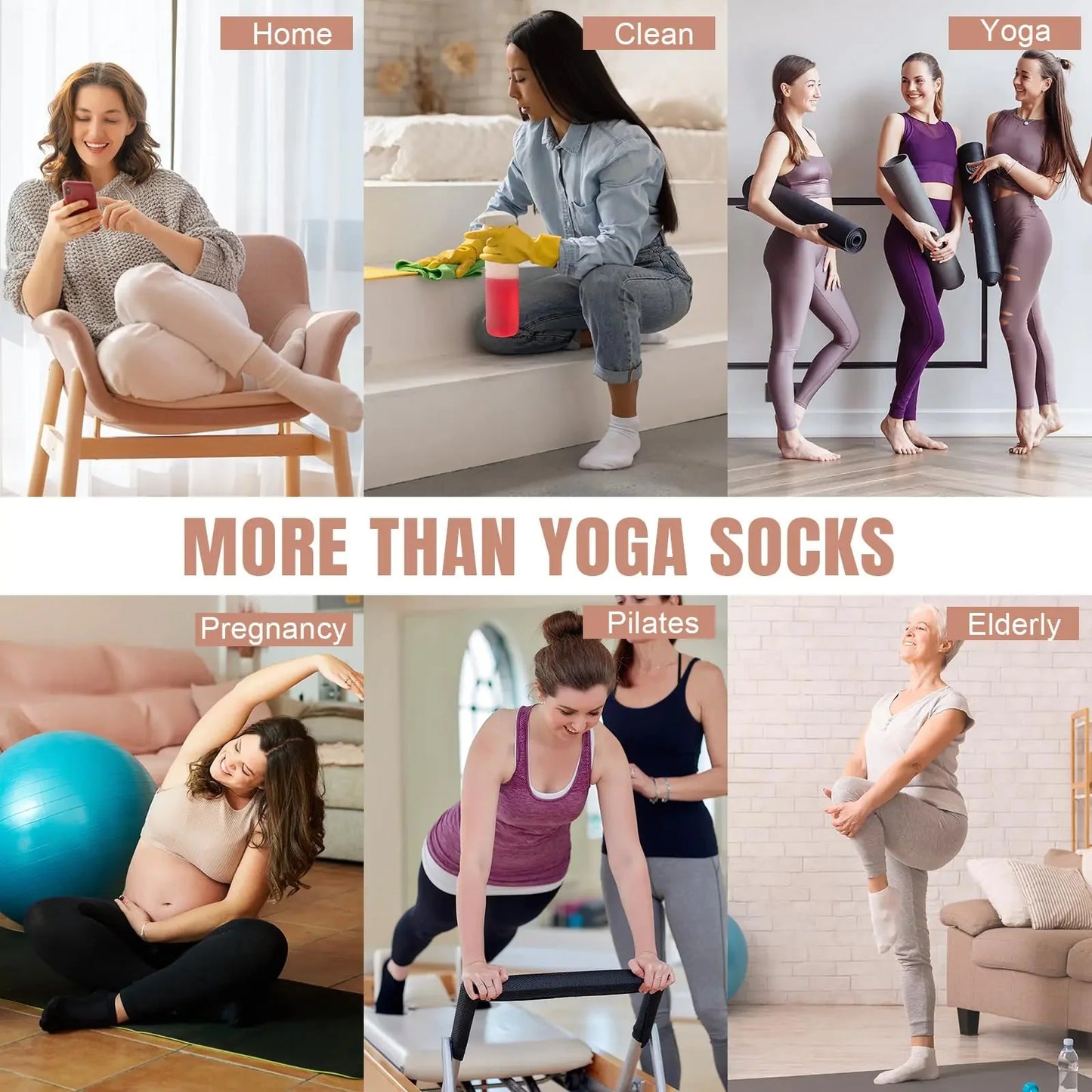 Toes Home Pilates Socks for Women with Non Slip Grippers, Yoga Crew Socks for Barre Hospital Sticky Slipper Socks 4 Pairs 6-10 Tan Anti Spier