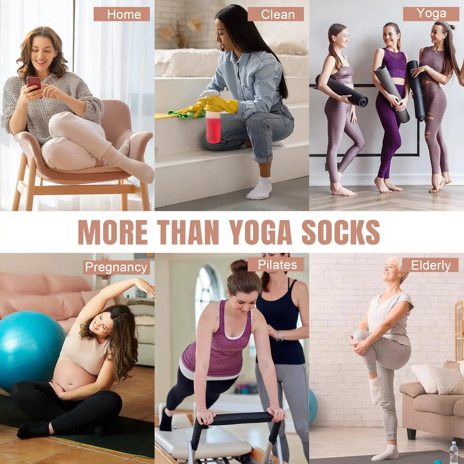 Toes Home Pilates Socks for Women with Non Slip Grippers, Yoga Crew Socks for Barre Hospital Sticky Slipper Socks 4 Pairs 6-10 Tan Anti Spier