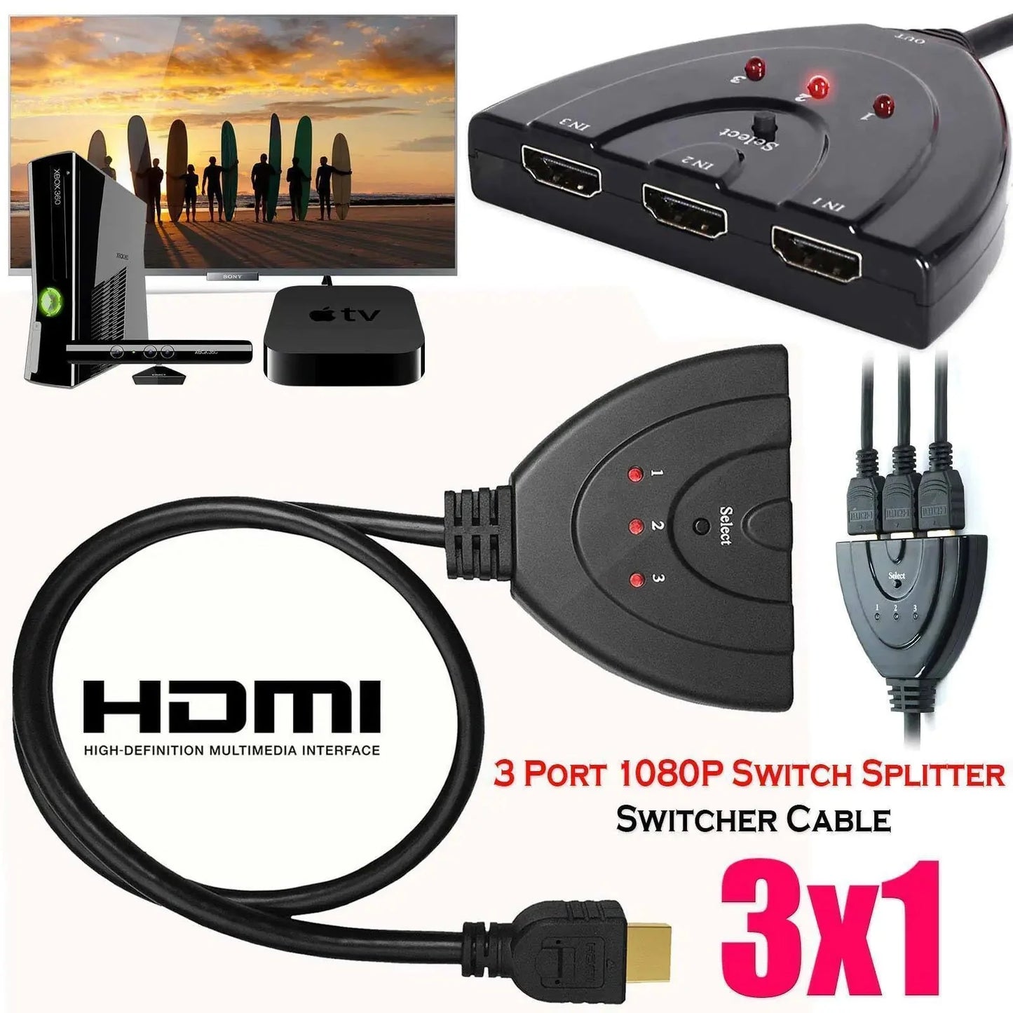 3 Port HDMI Splitter Cable 1080/4K Switch Switcher HUB Adapter for HDTV PS4 Xbox Anti Spier