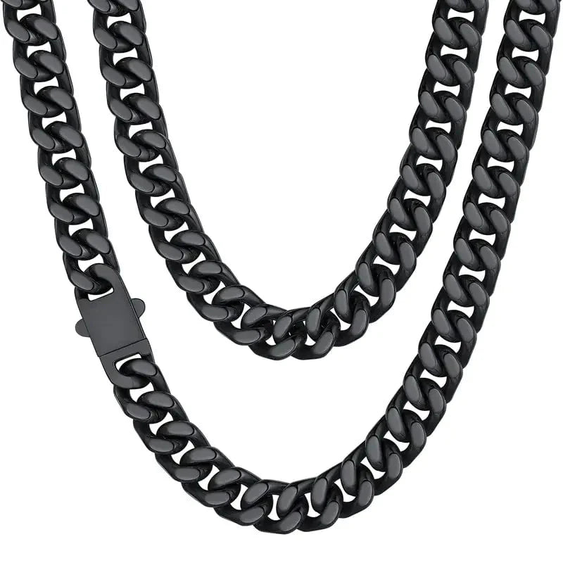 ChainsHouse Stainless Steel Mens Cuban Link Chain, Black/18K Gold Miami Cuban Chain Necklace, 5/7/9mm/12mm Width, No Tarnish& Durable Hip Hop Mens Jewelry, 18"-30", Send Gift Box 20 inches d. 12mm width-black Anti Spier