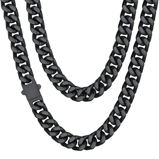 ChainsHouse Stainless Steel Mens Cuban Link Chain, Black/18K Gold Miami Cuban Chain Necklace, 5/7/9mm/12mm Width, No Tarnish& Durable Hip Hop Mens Jewelry, 18"-30", Send Gift Box 20 inches d. 12mm width-black Anti Spier
