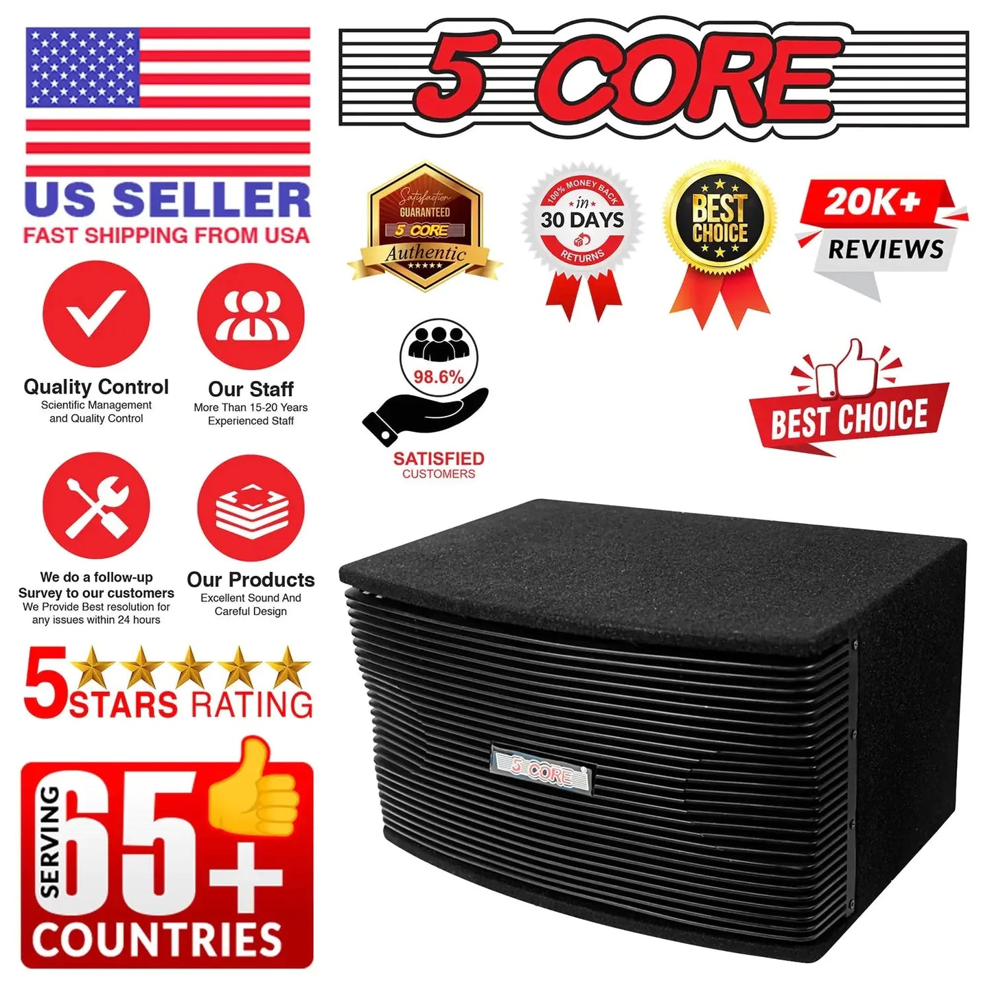 5Core Box Subwoofer for Car 1Pc Black 800W Peak Power 8 Inch Vented Trunk Speaker Woofer 8 Ohm Anti Spier