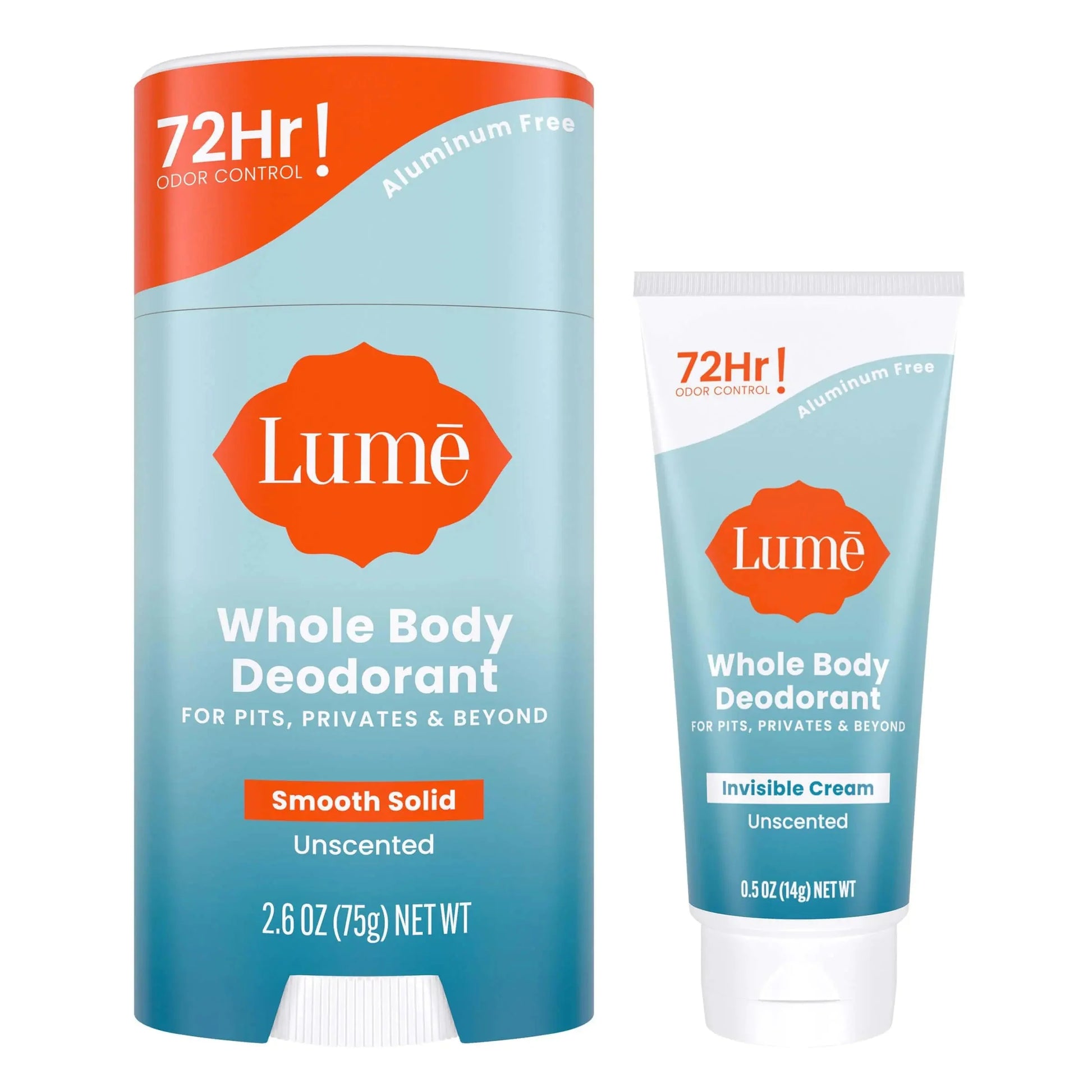 Lume Whole Body Deodorant - Invisible Cream Tube Mini and Solid Stick - 72 Hour Odor Control - Aluminum Free, Baking Soda Free, Skin Safe - 0.5 Oz Mini Tube + 2.6 Oz Solid Stick (Unscented) Unscented Anti Spier