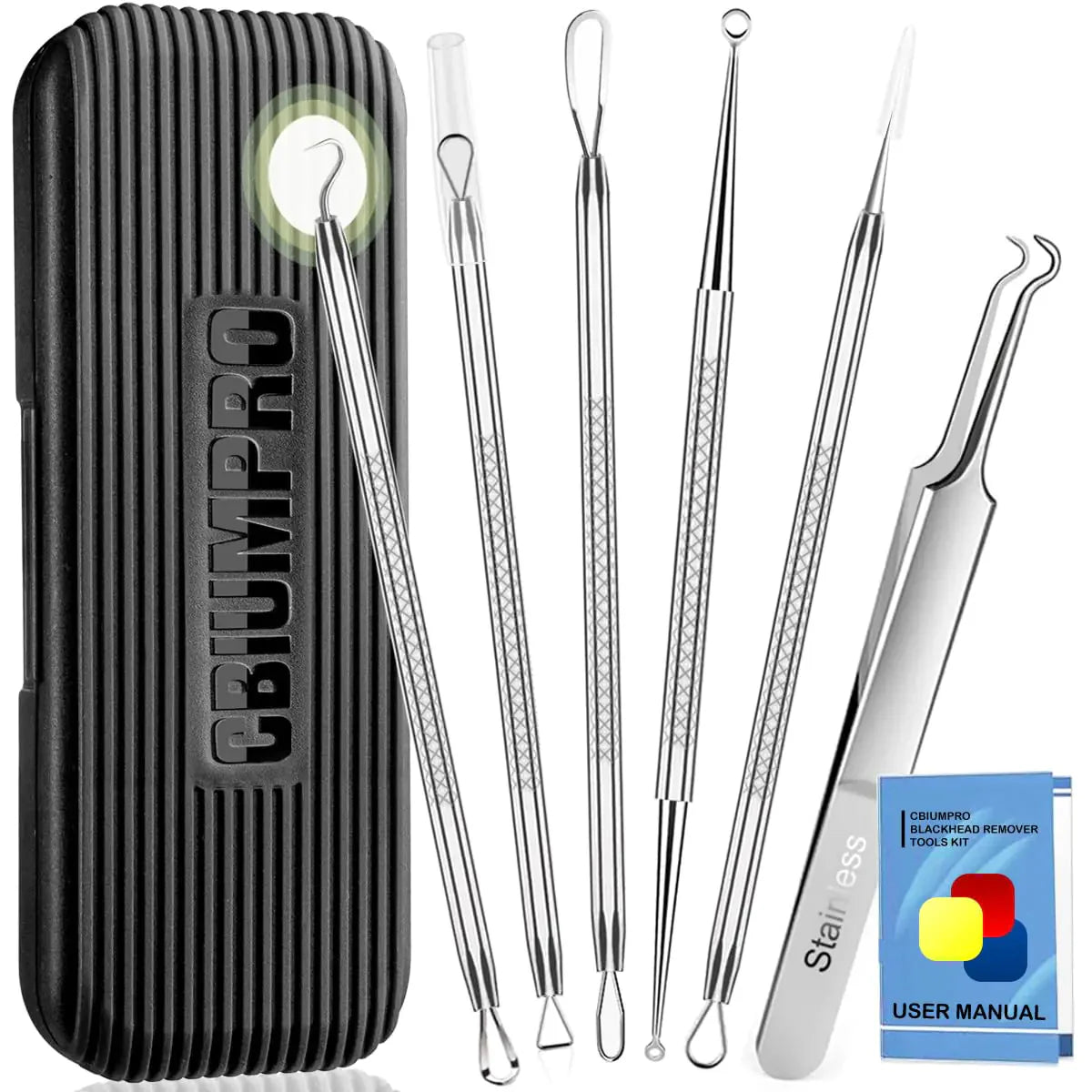 Cbiumpro Blackhead Remover Tools, Pimple Popper Tool Kit, Blackhead Extractor Tool, Zit Popper Tool, Professional Pimple Extractor Tool for Blackhead, Acne, Whitehead, Comedone on Nose - with Case Pimple Popper Tools 6 Pack - Cool Black Anti Spier