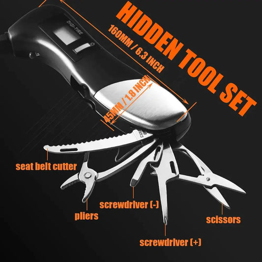 9 in 1 Digital Tire Pressure Alarm Gauge Multifunctional Tyre Pressure Sensor Tpms Systems w LED Flashlight Car Hammer Anti Spier