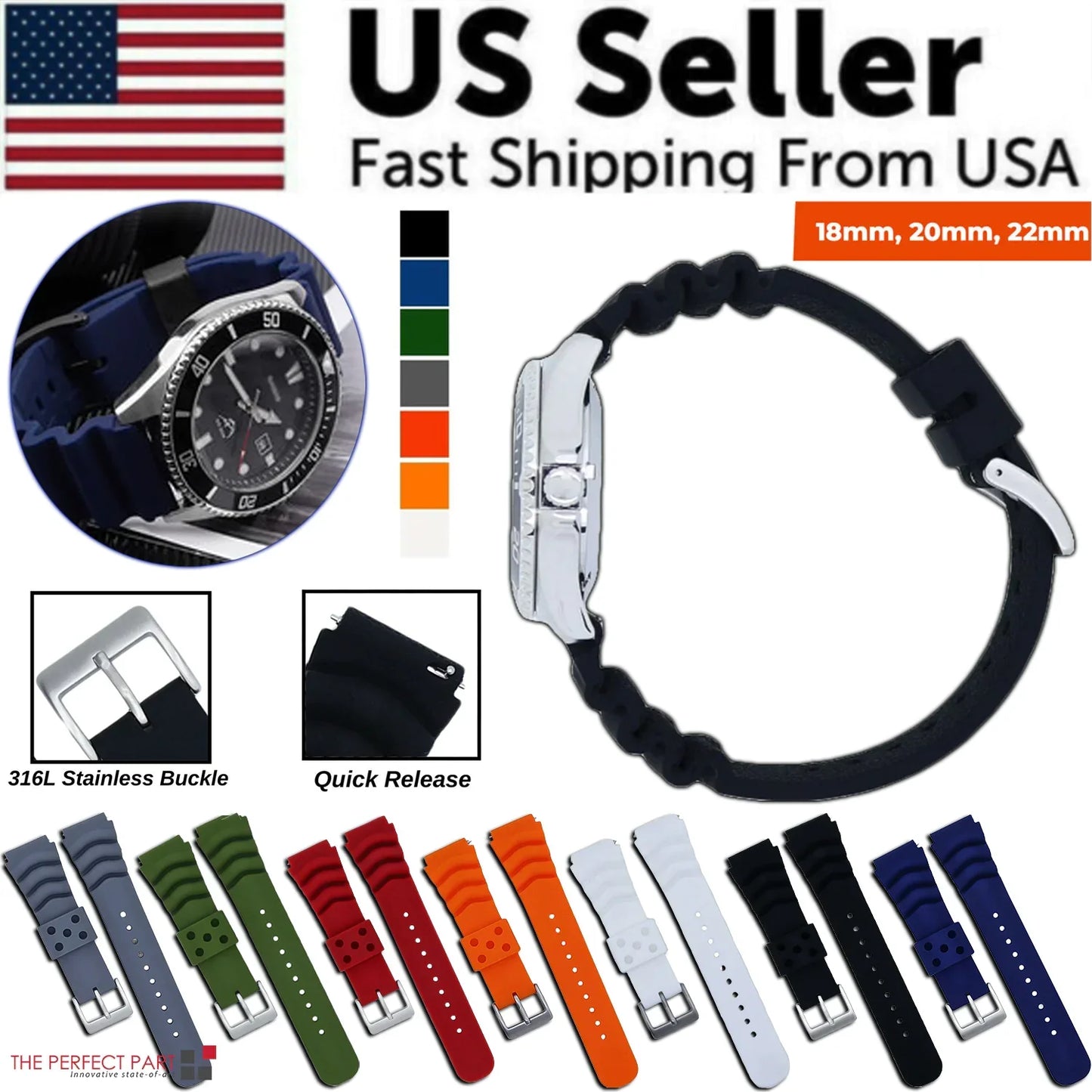 18mm 20mm 22mm Soft Silicone Watch Band Divers Replacement Strap Quick Release - Anti Spier 