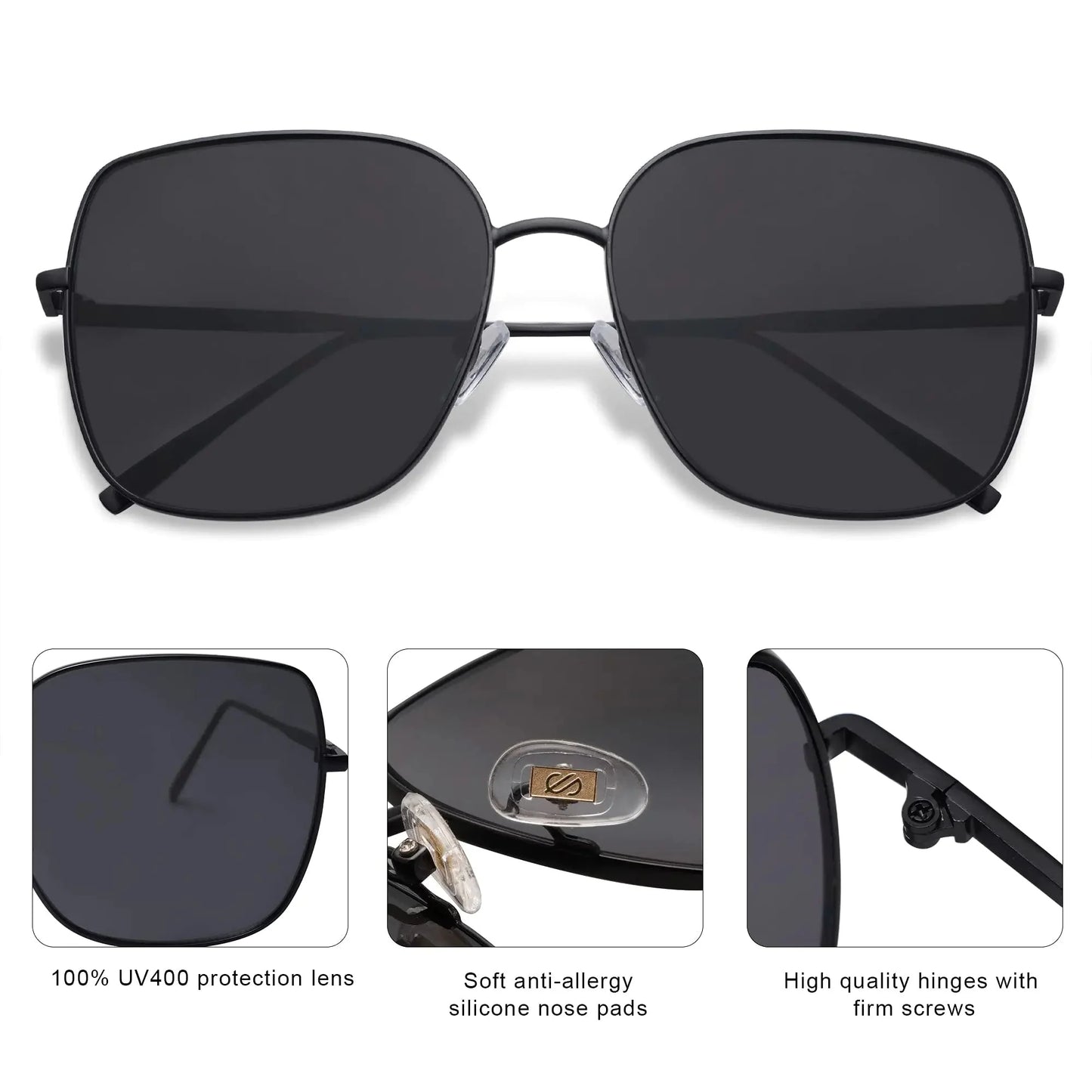 SOJOS Trendy Oversized Square Metal Frame Sunglasses for Women Men Flat Mirrored Lens UV Protection Sunglasses SJ1146 Black/Grey Anti Spier