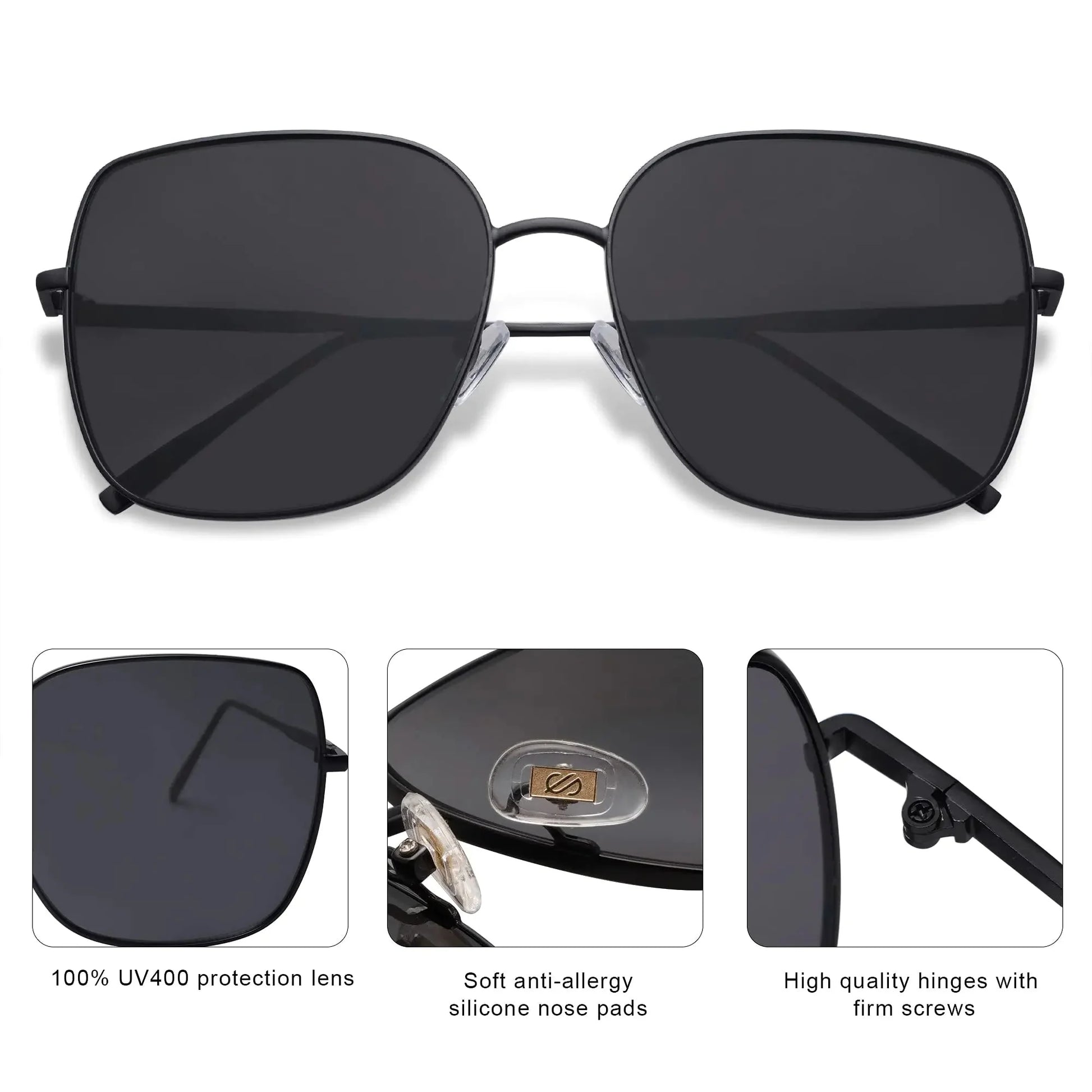 SOJOS Trendy Oversized Square Metal Frame Sunglasses for Women Men Flat Mirrored Lens UV Protection Sunglasses SJ1146 Black/Grey Anti Spier