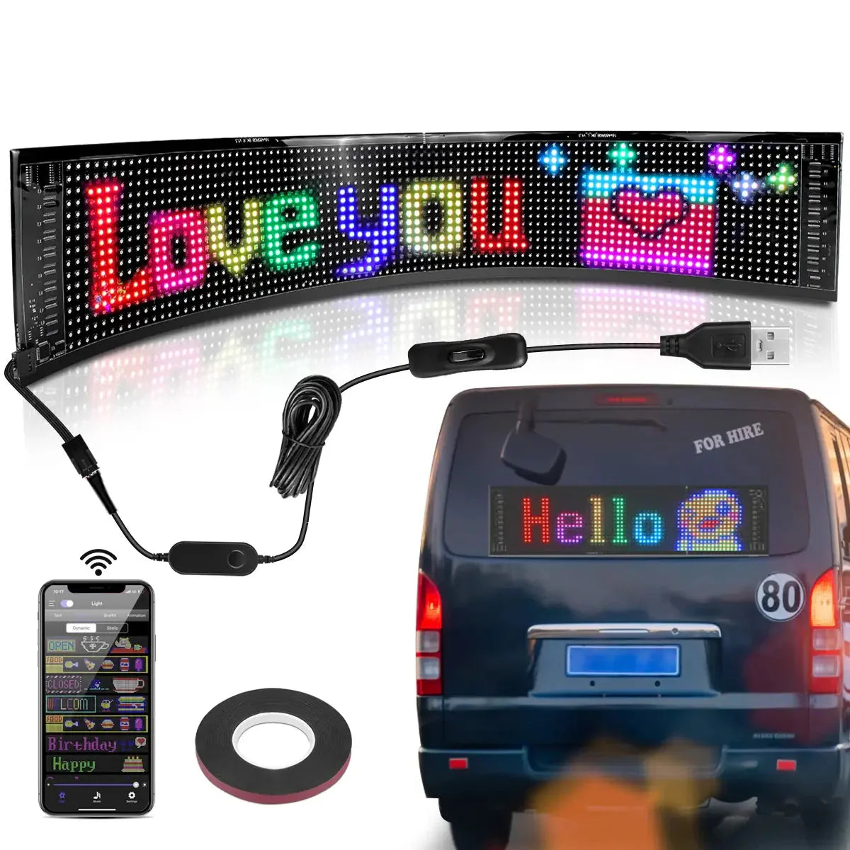 LED Scrolling Sign USB 5V Bluetooth App Control Customizable Car Display Anti Spier