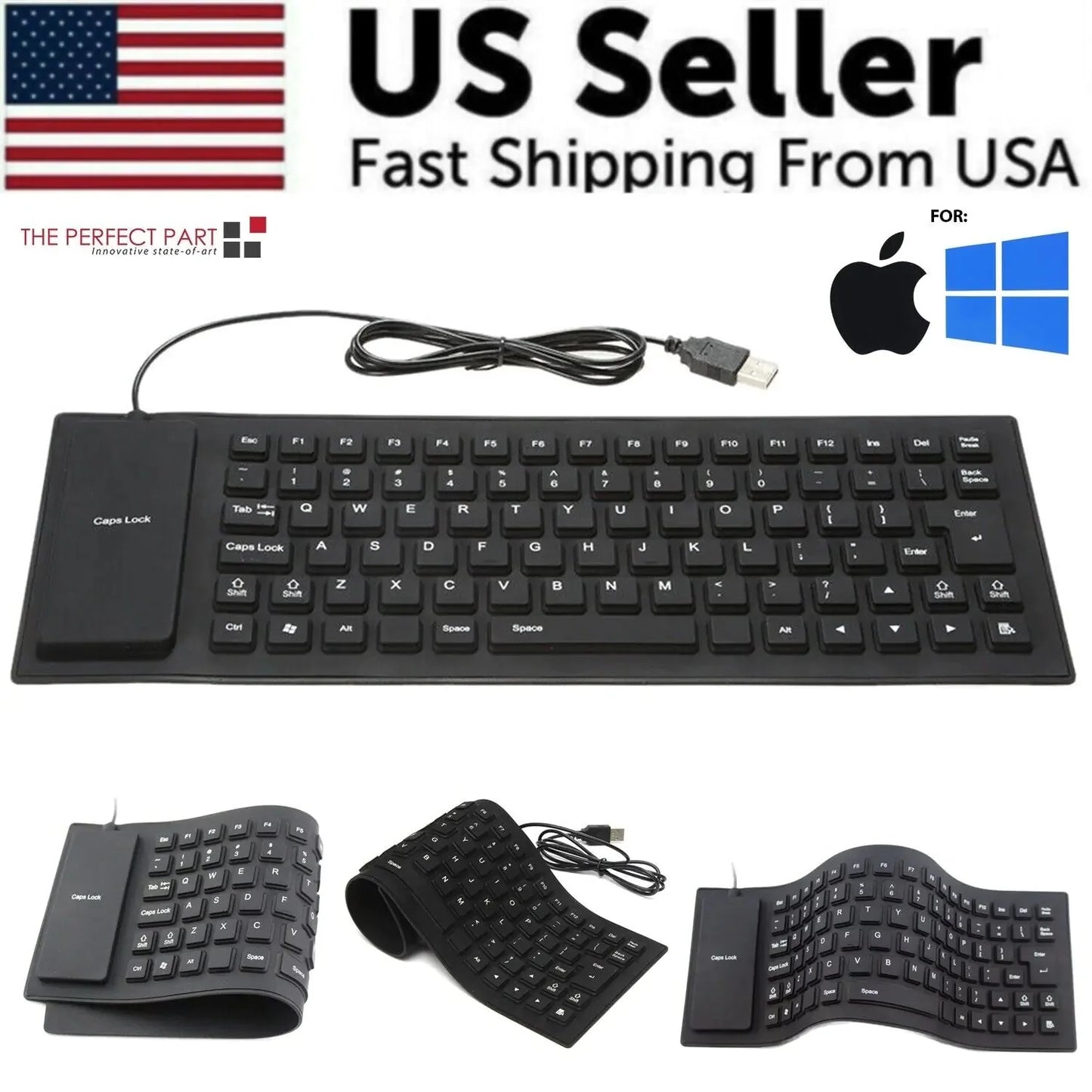 Waterproof Silicone Keyboard Foldable Flexible USB Dustproof DirtProof Full Size Anti Spier