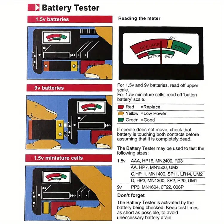 Universal Battery Tester for AAA AA C D 9V Batteries Anti Spier
