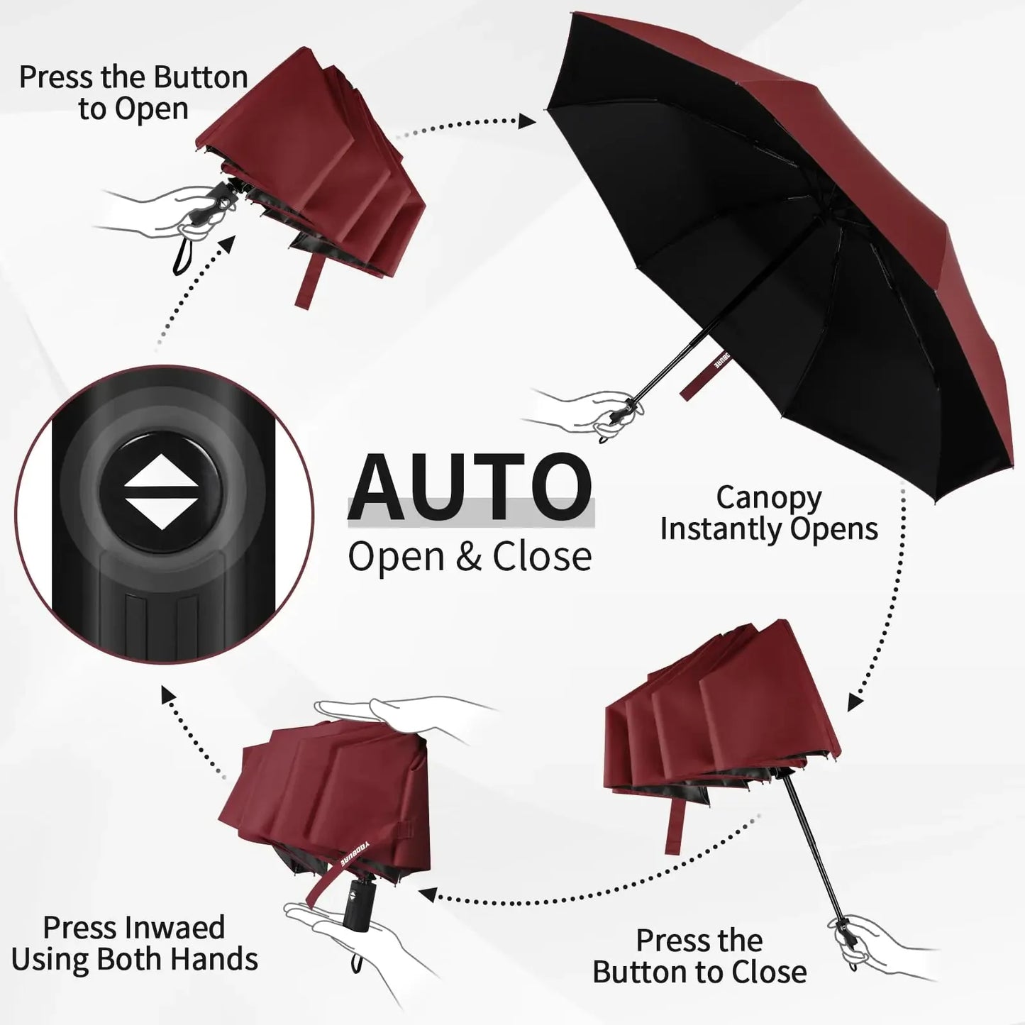 Yoobure Windproof Travel Umbrella, Automatic Umbrellas for Rain, Portable & Compact Umbrella for Backpack, Sun Umbrella for Walking, Folding Small Umbrella for Car, Lightweight Strong UV Protection Auto-Burgundy Red Anti Spier