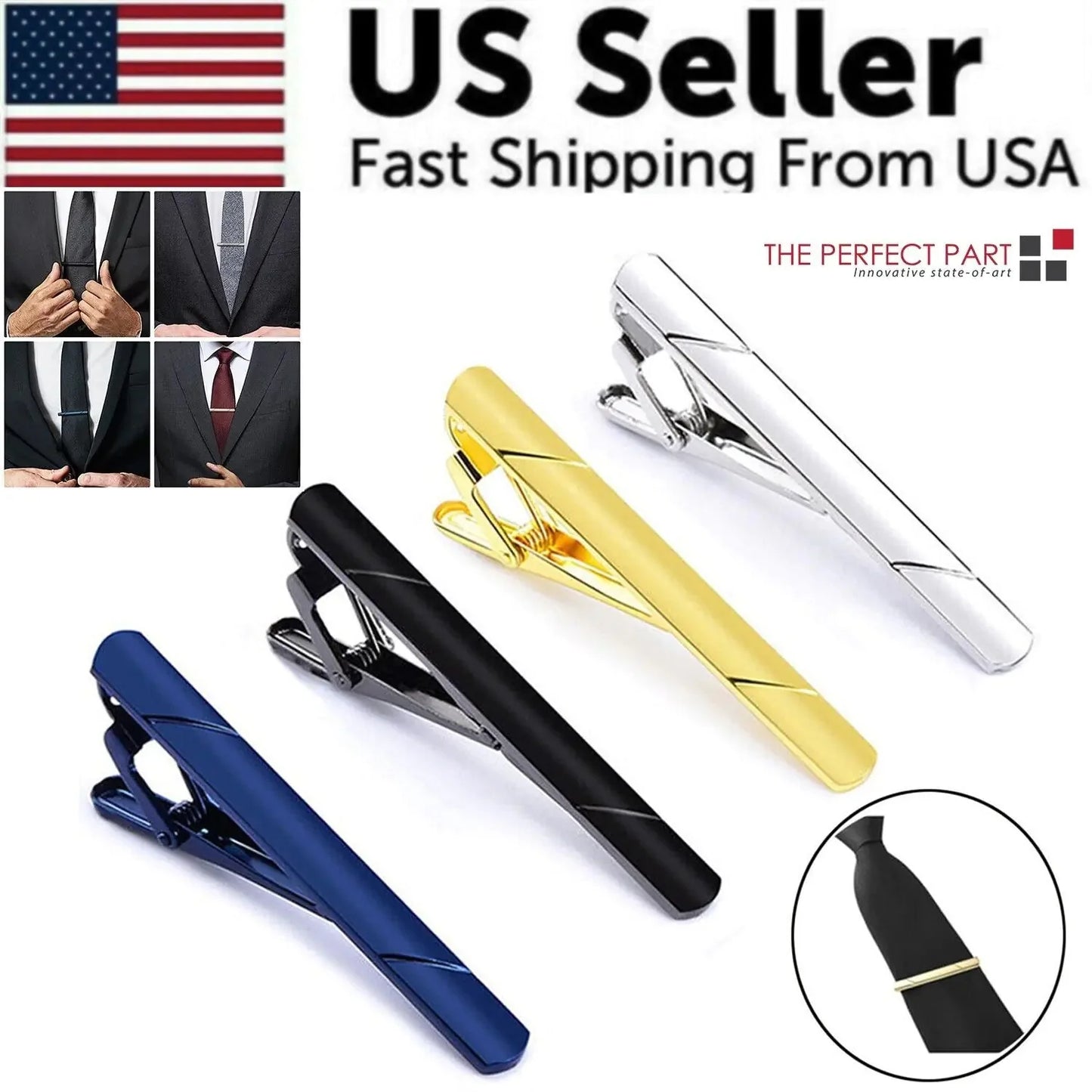 4PCS Mens Stainless Steel Tie Clip Necktie Bar Clasp Clamp Pin Gold Black Silver Anti Spier