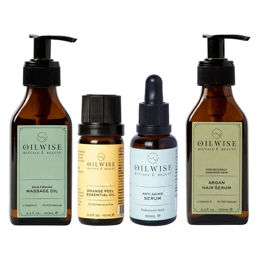 Oilwise Firming Care Kit, GCMS certified, Steam Distillation, Not Diluted, Cold Pressed Essential Oils, Skin Firming Anti-Cellulite Massage Oil, Orange Peel Essential Oil, Anti Aging Moisturizer Serum, Argan Hair Repair Serum Anti Spier
