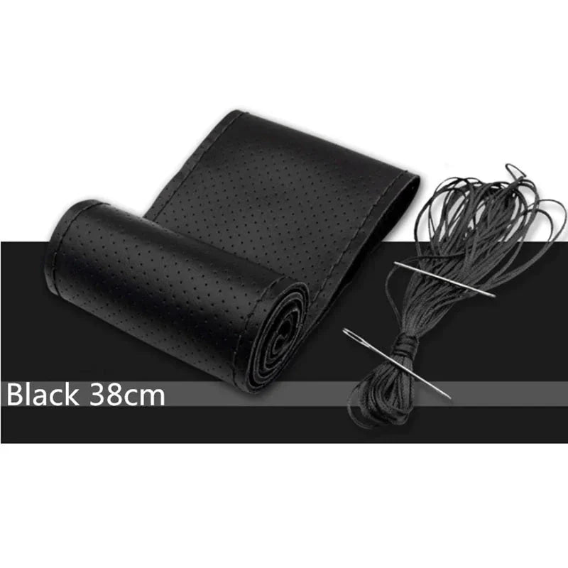 Genuine Leather DIY Car Steering Wheel Cover Anti-slip For 15"/38 cm Black US Anti Spier
