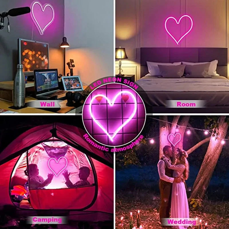 Big Heart Shape Neon Sign Wall Hanging Light - 38cm, USB Powered Anti Spier
