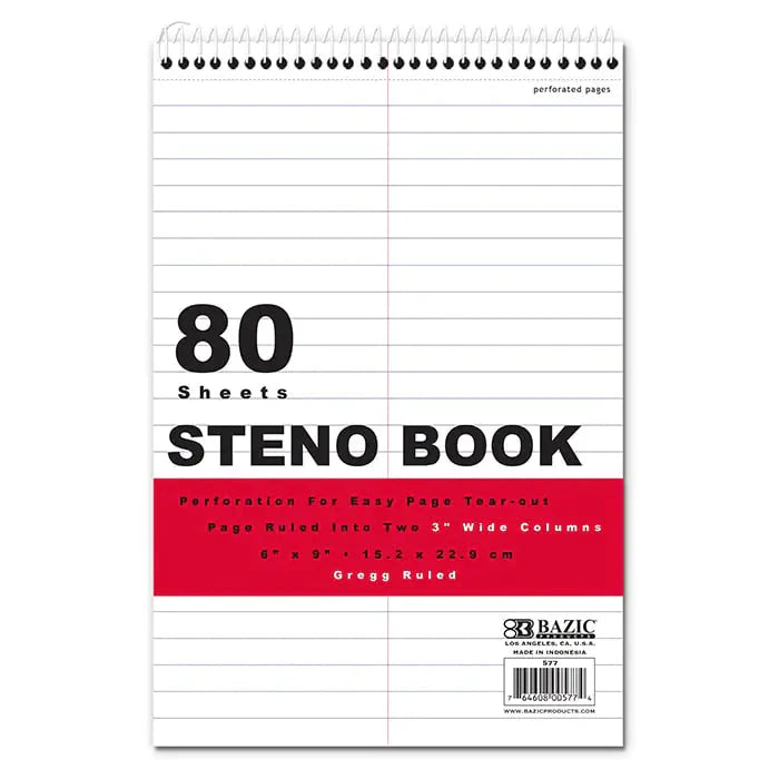 80 Ct. 6" X 9" White Paper Gregg Ruled Steno Book Anti Spier