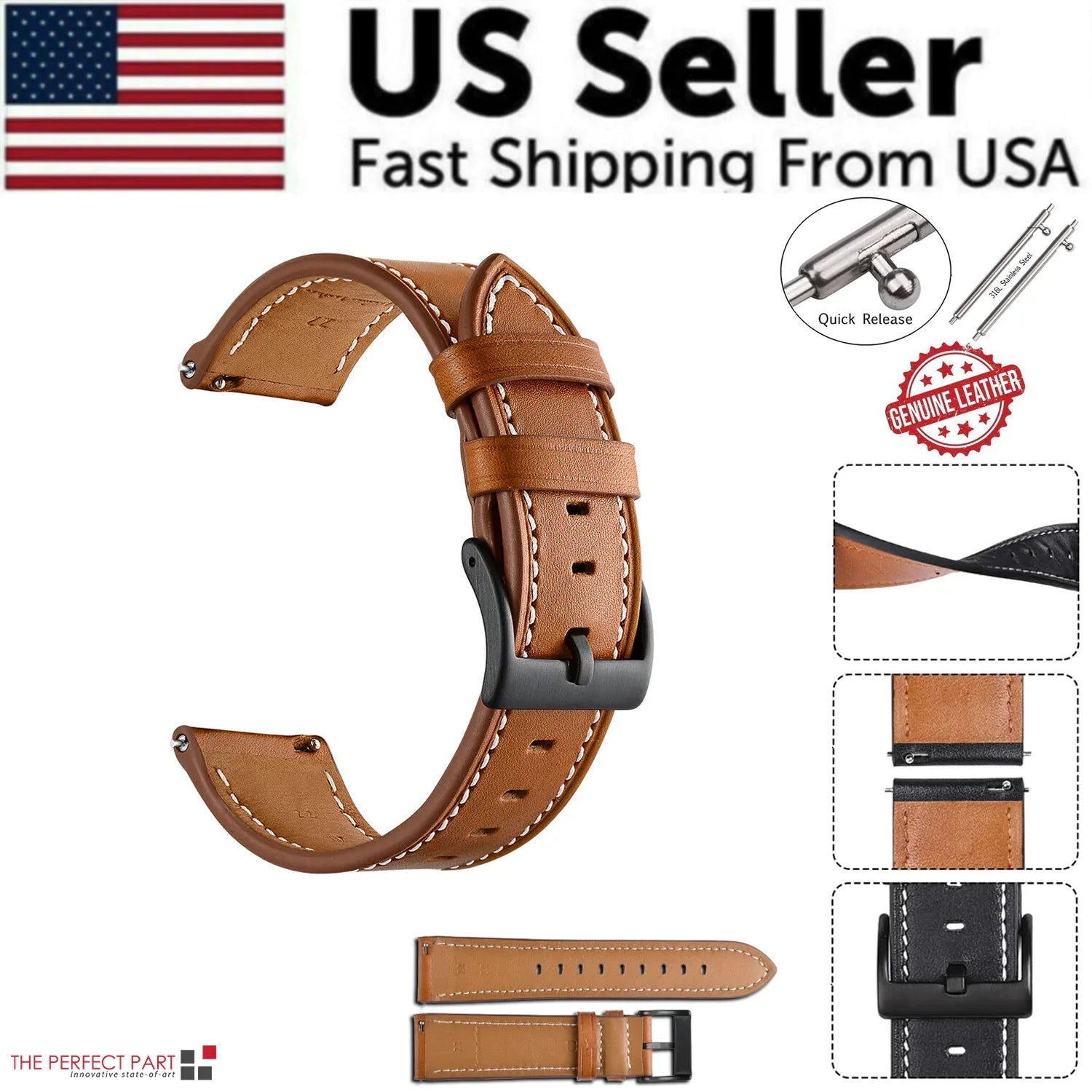 18mm 20mm 22mm Classic Genuine Leather Watch Band Strap Quick Release Wristband - Anti Spier 
