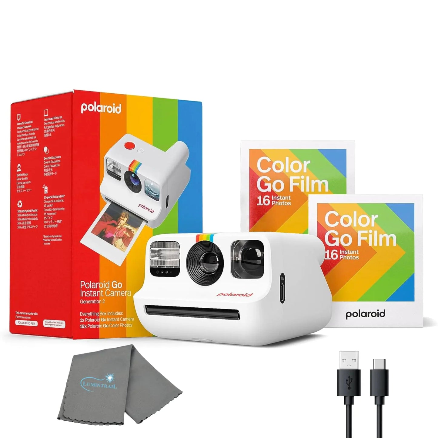 Polaroid Generation 2 Go Instant Mini Camera Starter Set White Instant Camera with 32 Polaroid Go Color Instant Film Bundle with a Lumintrail Lens Cleaning Cloth Anti Spier