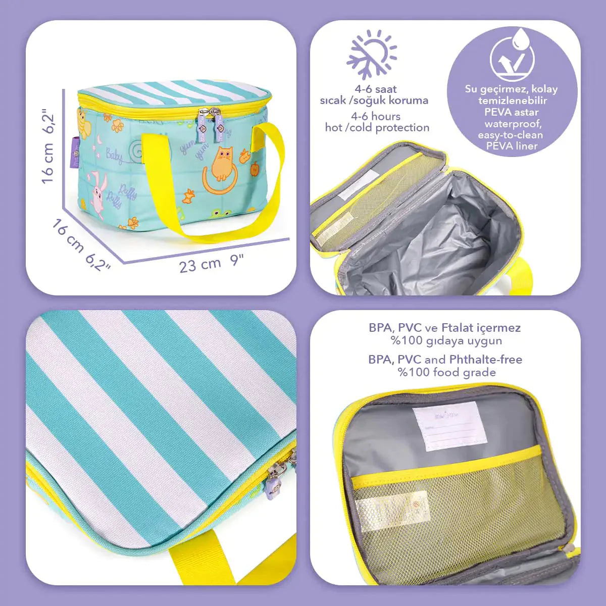 Milk&Moo Insulated Lunch Box For Kids, Turquoise Anti Spier