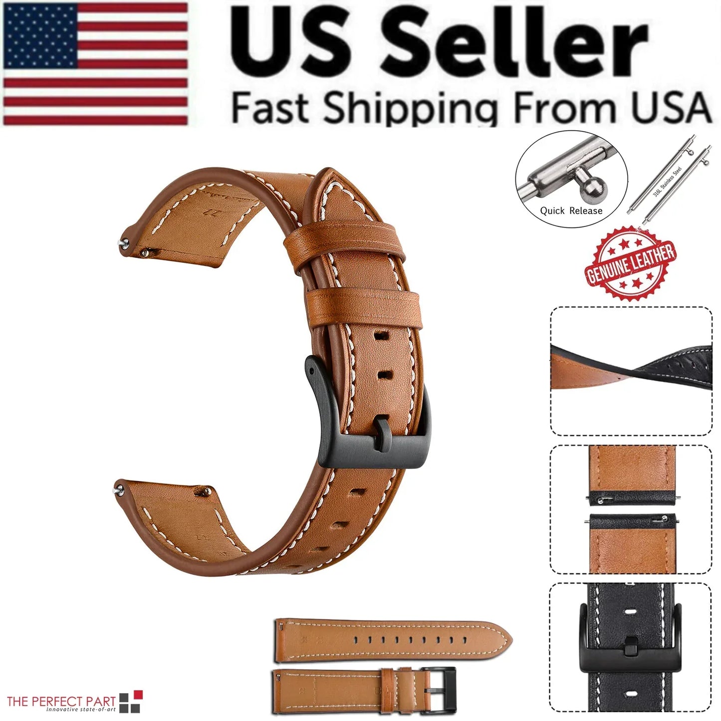 18mm 20mm 22mm Classic Genuine Leather Watch Band Strap Quick Release Wristband - Anti Spier 