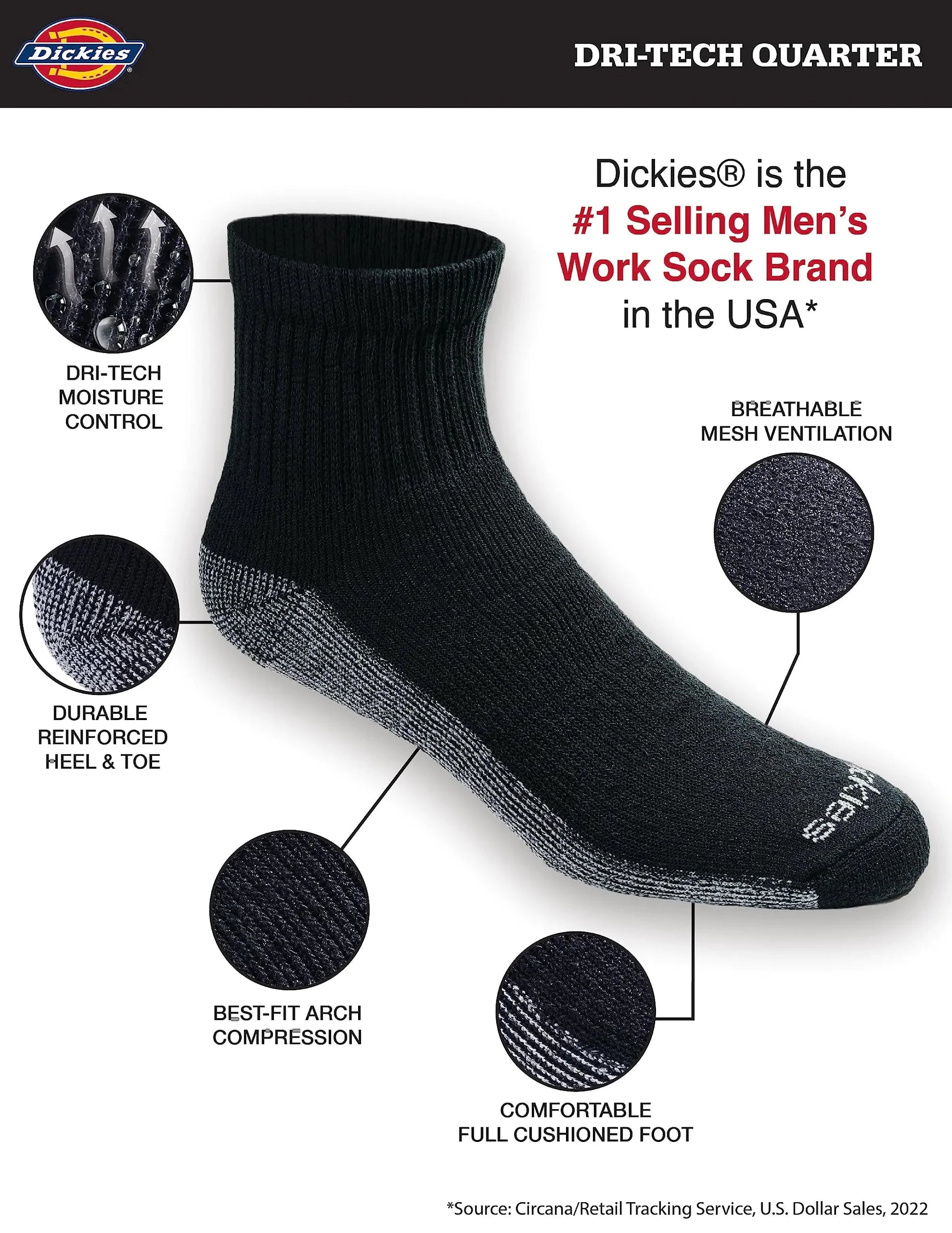 Dickies Men's Dri-tech Moisture Control Quarter Socks, Available in M-XXL (6, 12, 18 Pairs) Medium Black (12 Pairs) Anti Spier