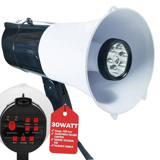 5Core Megaphone Bullhorn Speaker 30W LED Bull Horn Battery Power Cheer Megafono 800 Yard Anti Spier