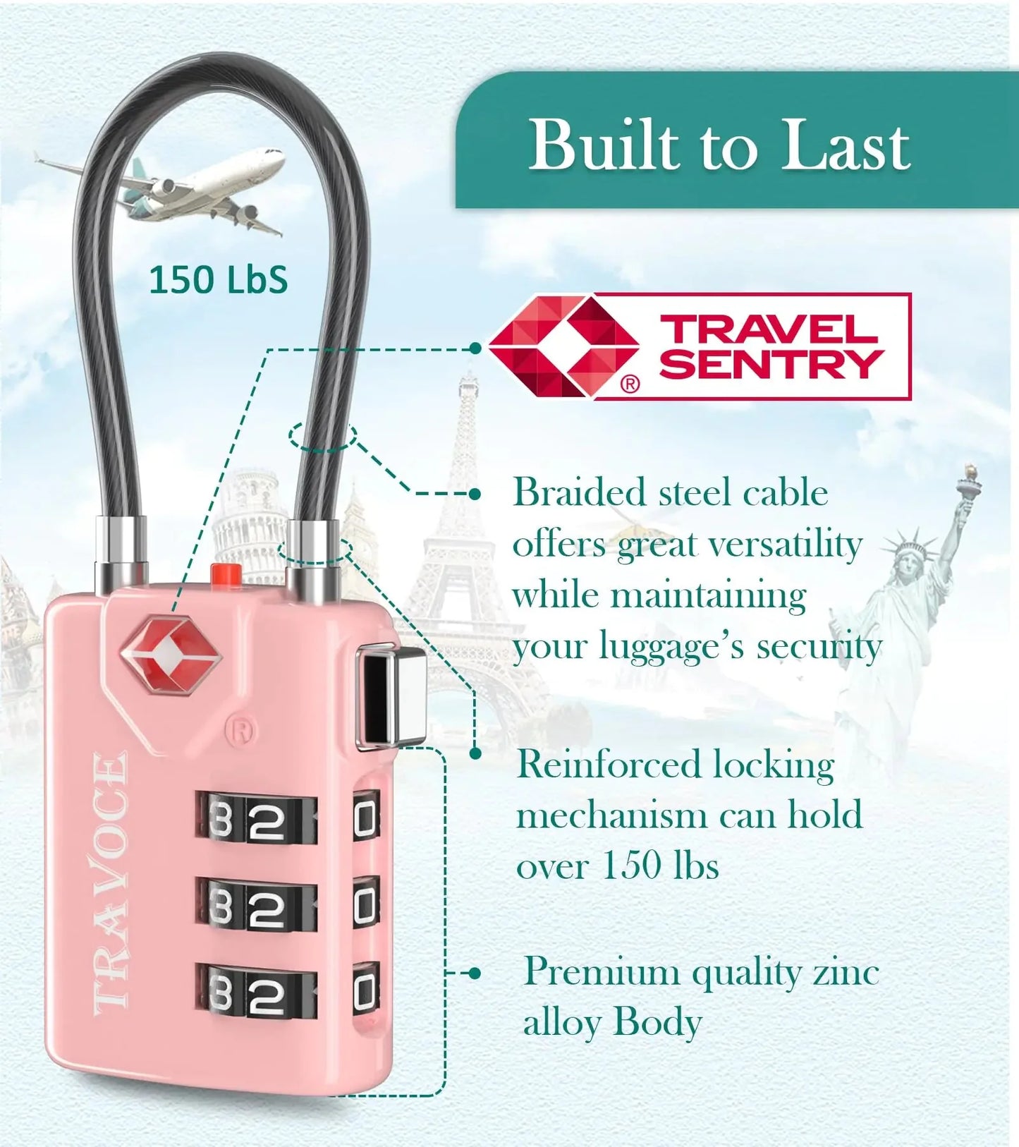 Search Alert TSA Approved Travel Combination Luggage Cable Locks for Suitcase, Gym Locker,Toolbox,Backpack 1,2,4,6 &10 pk Pink 2 Pack Anti Spier