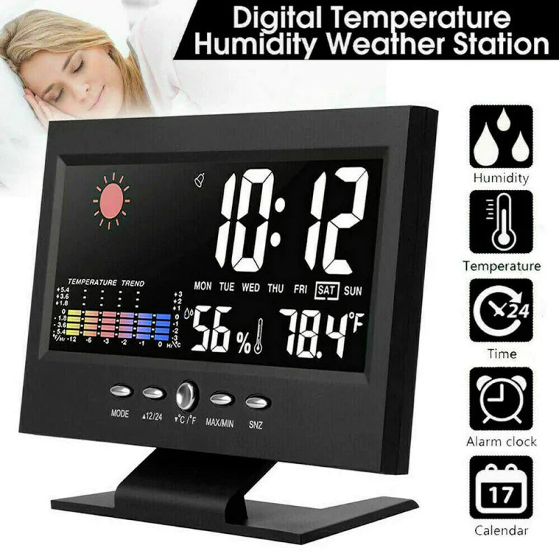 LED Digital Alarm Clock Snooze Calendar Thermometer Hygrometer Weather Display Anti Spier