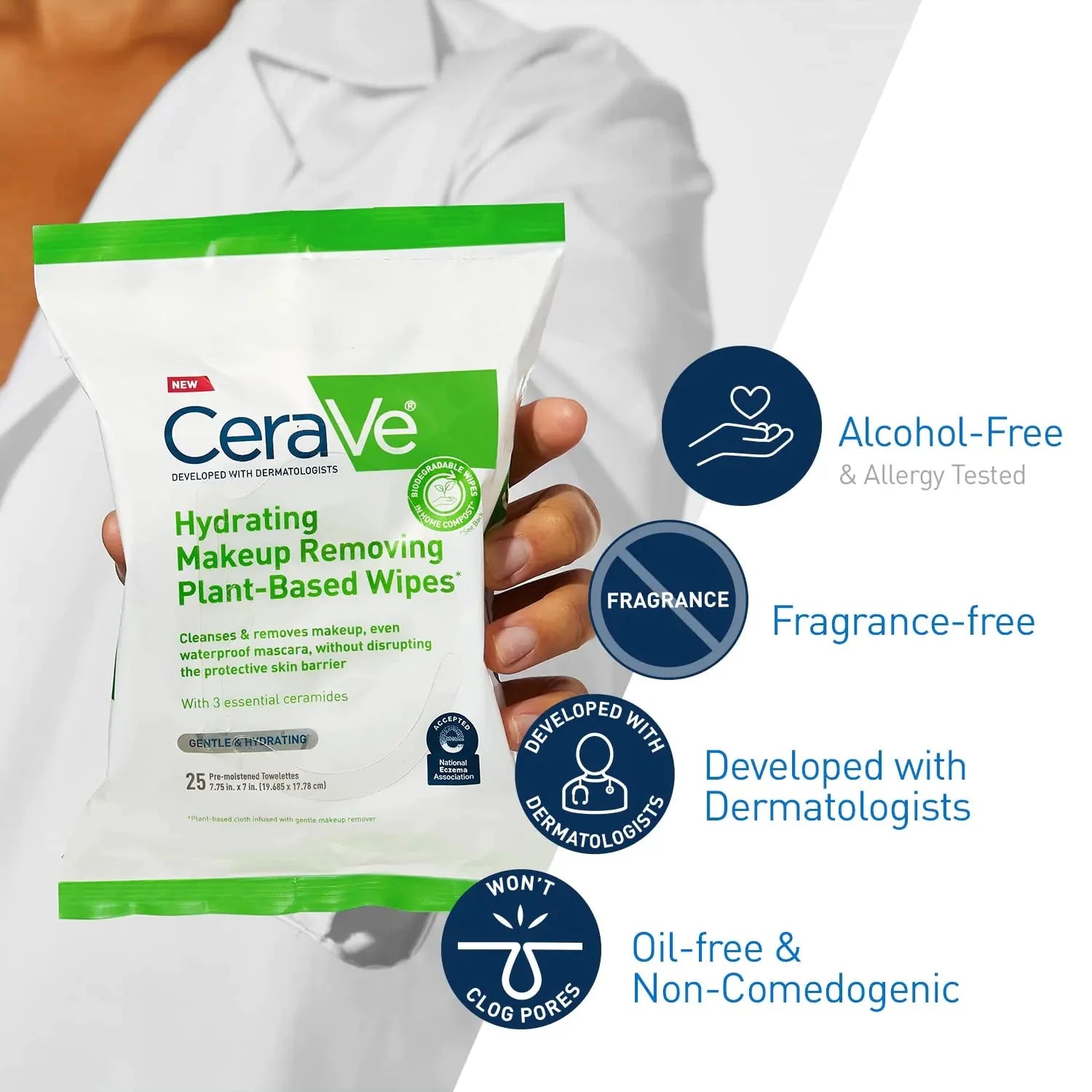CeraVe Hydrating Facial Cleansing Makeup Remover Wipes| Plant Based Face Biodegradable in Home Compost| Wash Cloth| Suitable for Sensitive Skin| Fragrance-free Non-comedogenic| 25 Count Anti Spier