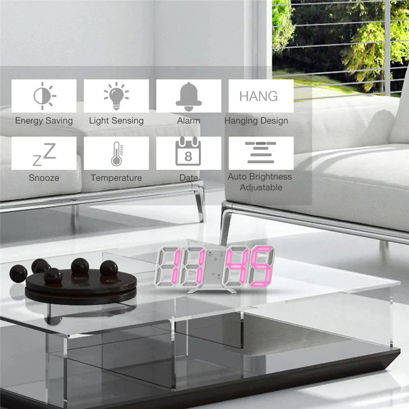 Digital 3D LED Big Wall Desk Alarm Clock Snooze 12/24 Hours Auto Brightness USB Anti Spier